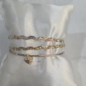 14k Gold Plated Tri-Tone Women’s Bracelet Set with Heart Charm
